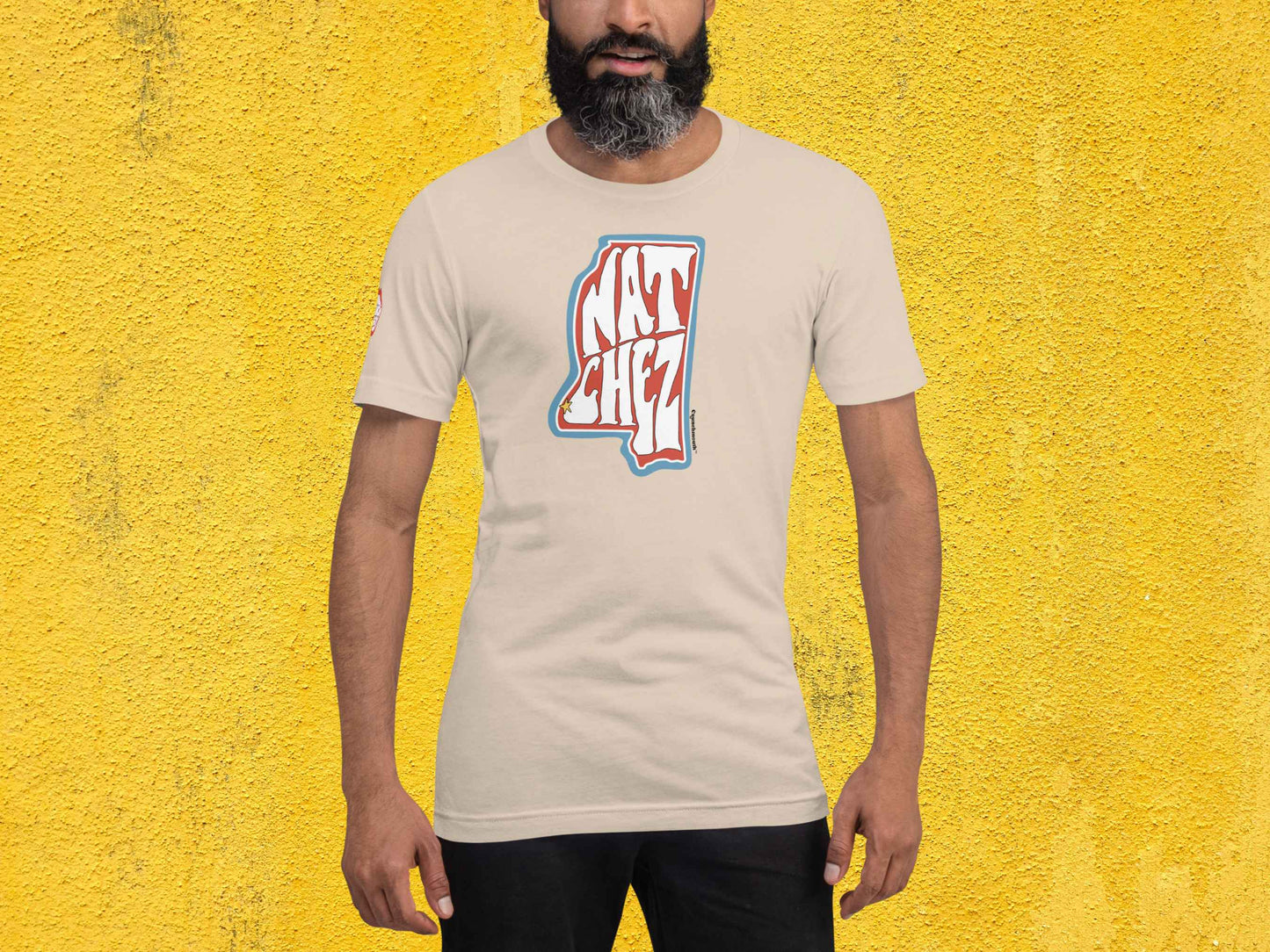 natchez shirt, natchez mississippi, souvenir t shirts, male model, front, yellow textured background