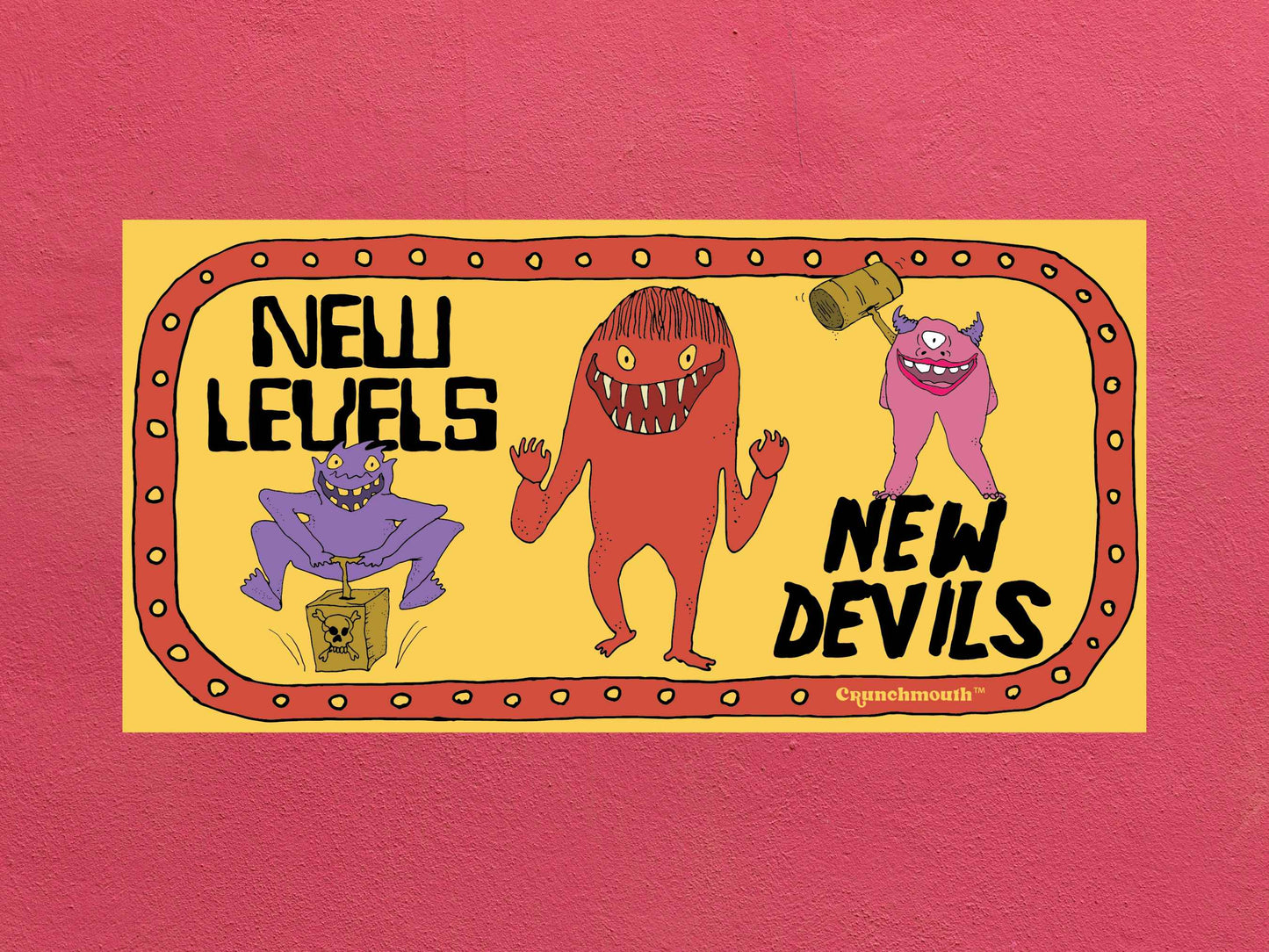 new levels new devils, retro bumper sticker,  rose textured background