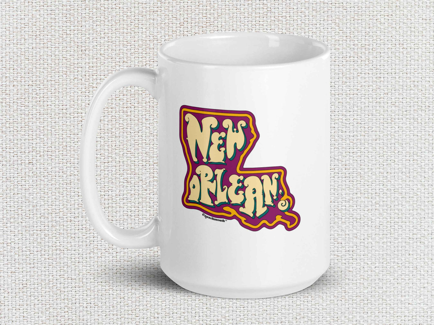 new orleans coffee mug, 15oz, handle on left, white textured background