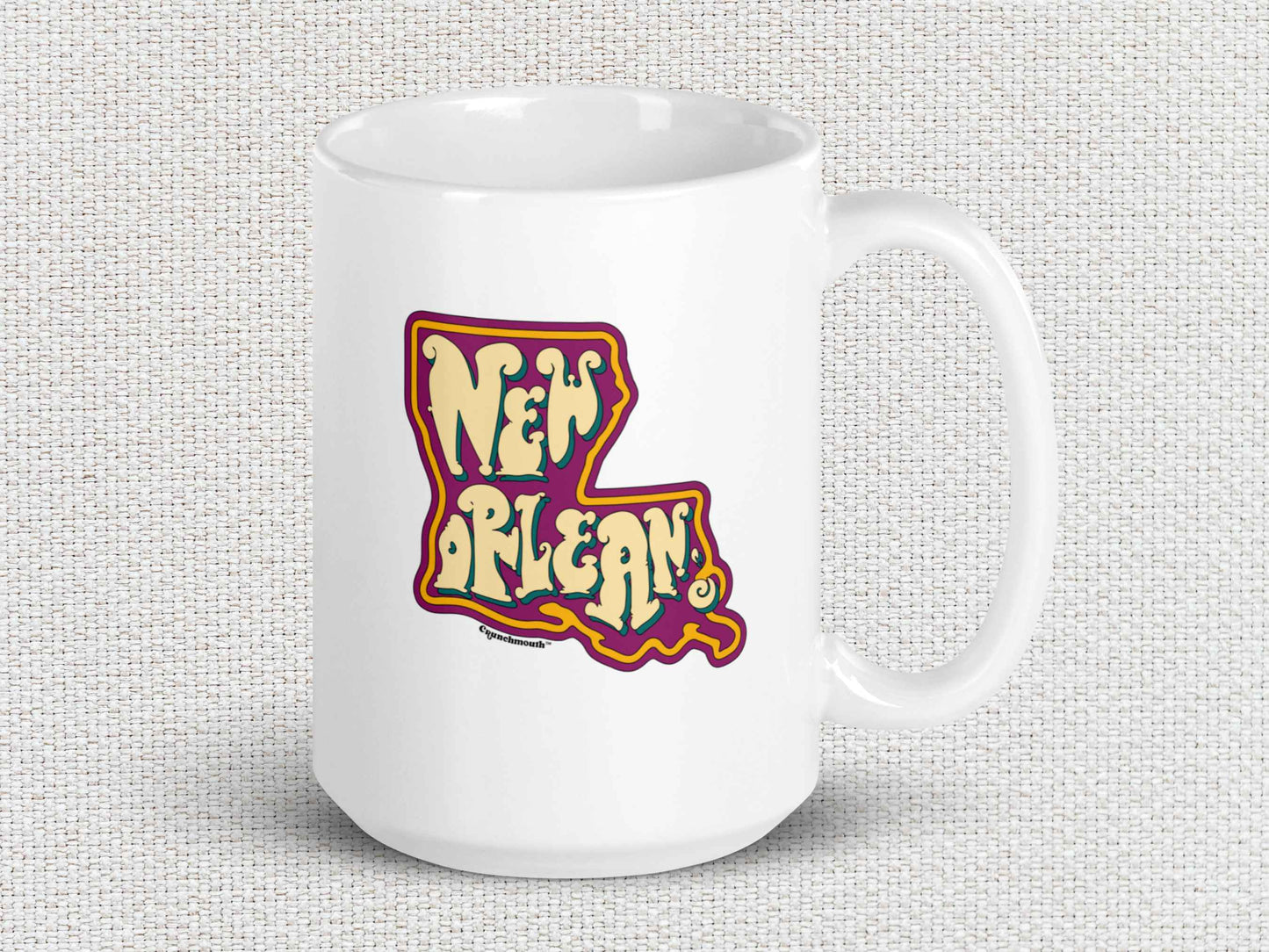 new orleans coffee mug, 15oz, handle on right, white textured background