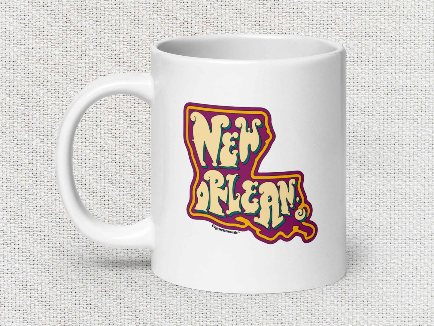 new orleans coffee mug, 20oz, handle on left, white textured background