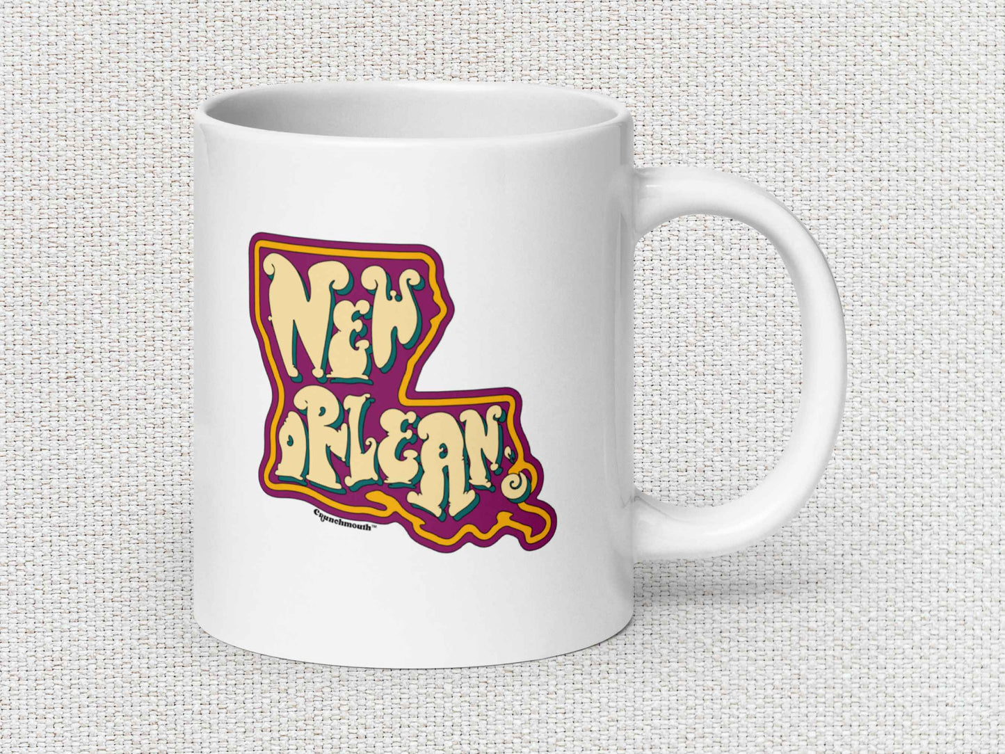 new orleans coffee mug, 20oz, handle on right, white textured background