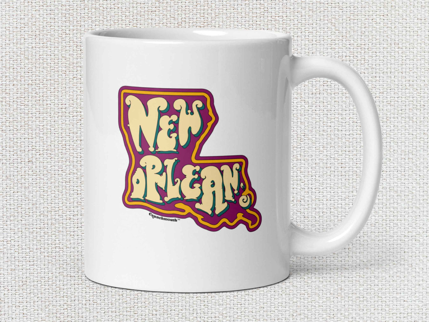 new orleans coffee mug, 11oz, handle on right, white textured background