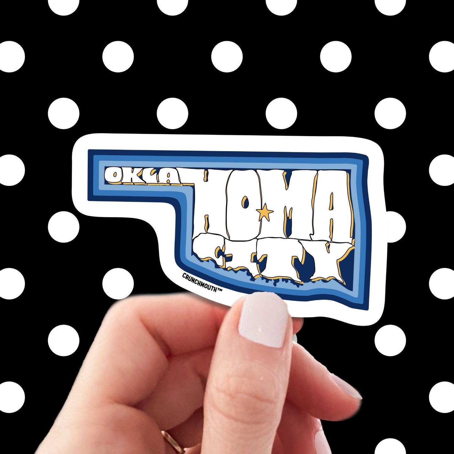 oklahoma city travel luggage sticker, hand display, polka dots pattern design background