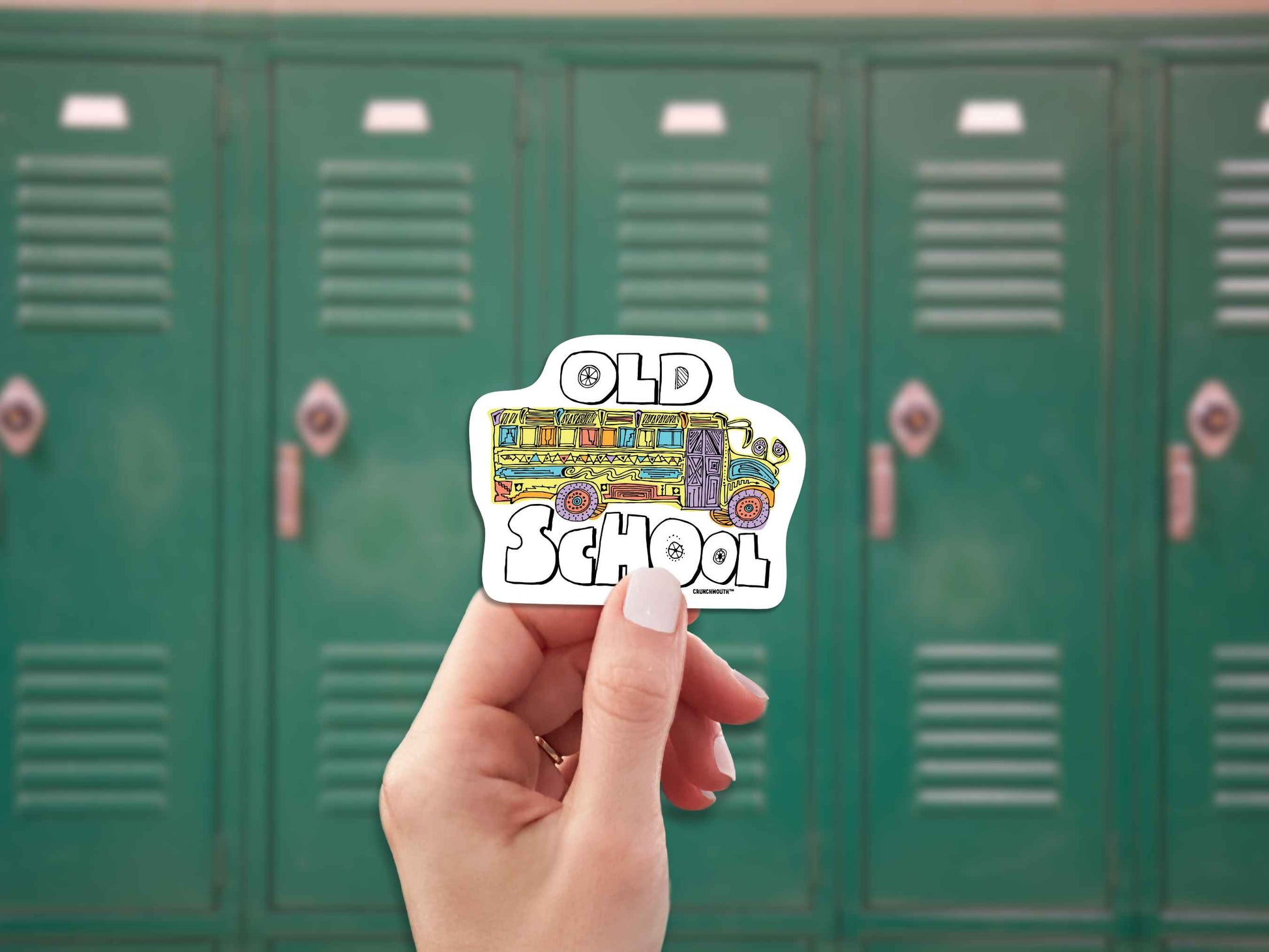 old school sticker, hand display, green lockers background