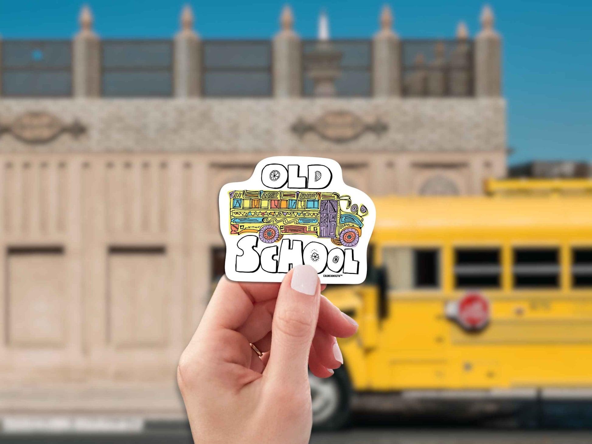 old school sticker, hand display, school bus background