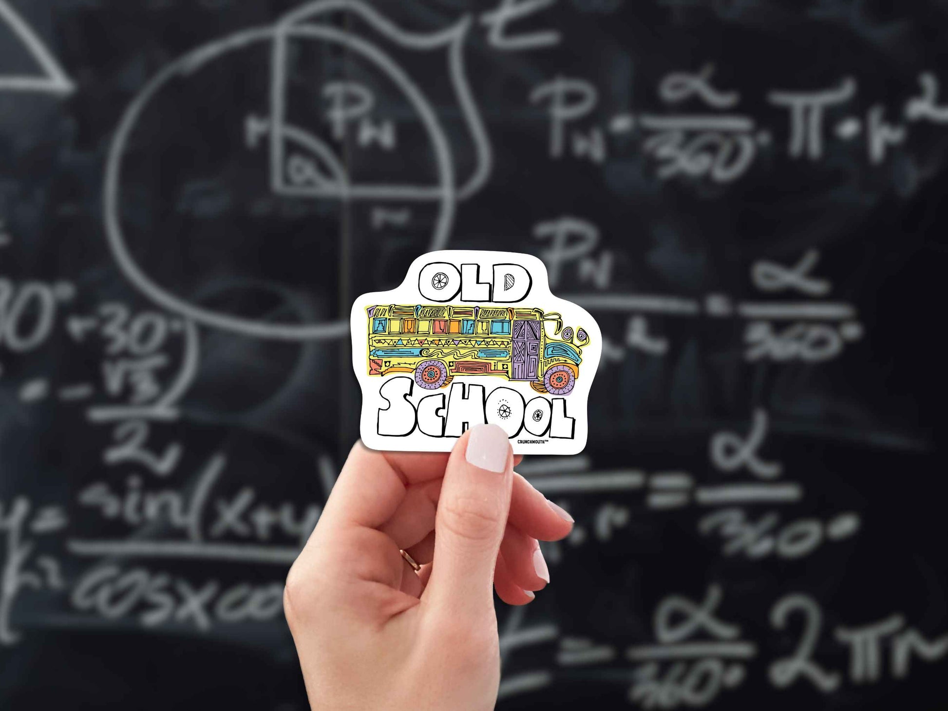 old school sticker, hand display, blackboard background