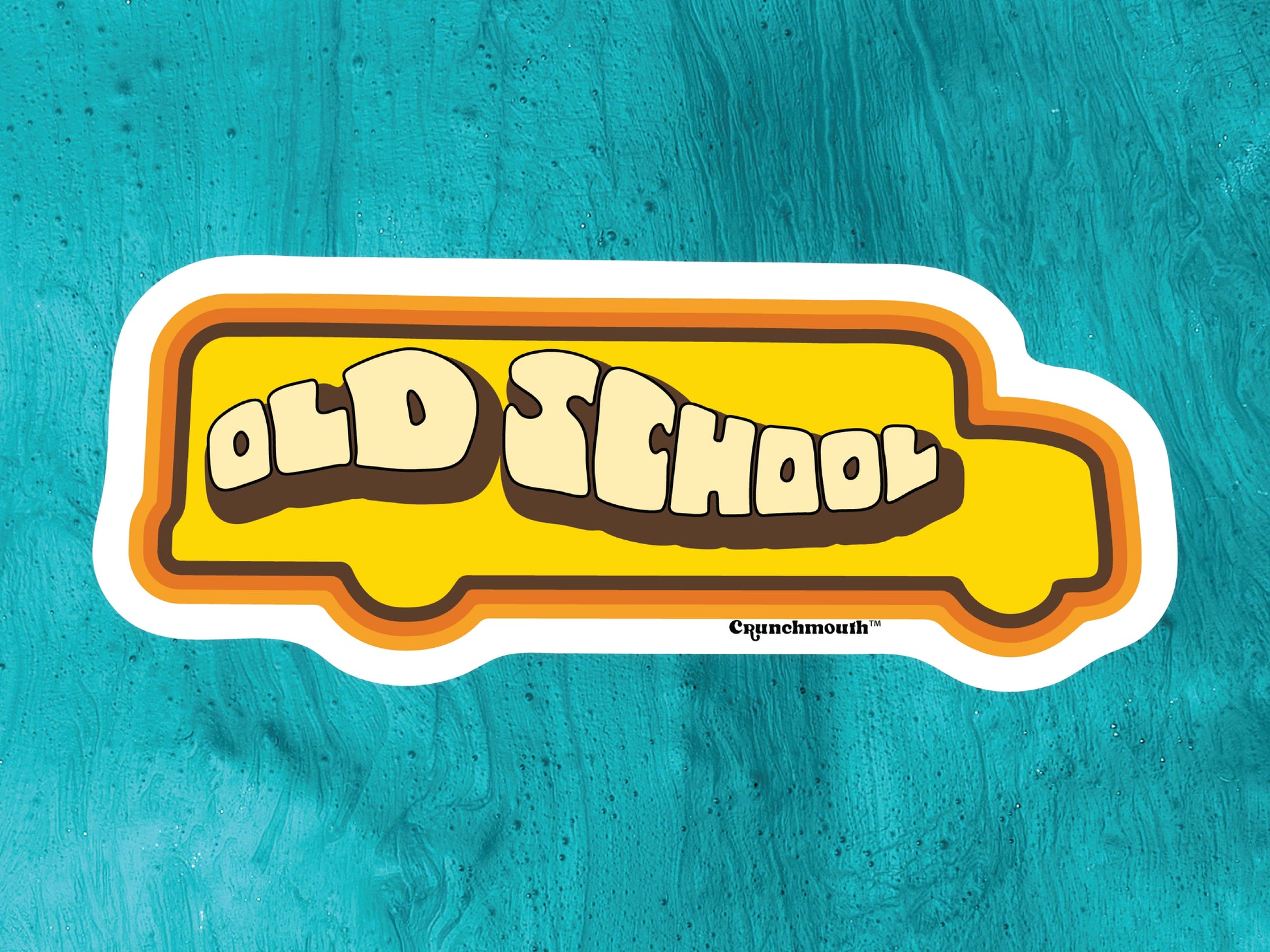 old school waterproof vinyl laptop sticker, aqua blue background
