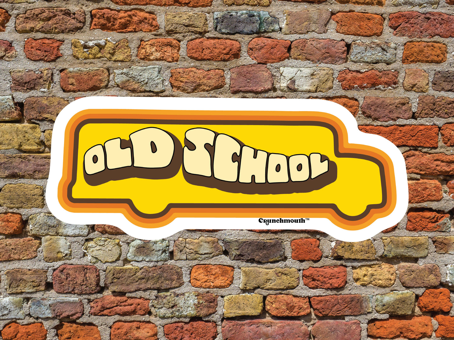 old school waterproof vinyl laptop sticker, red brick wall background