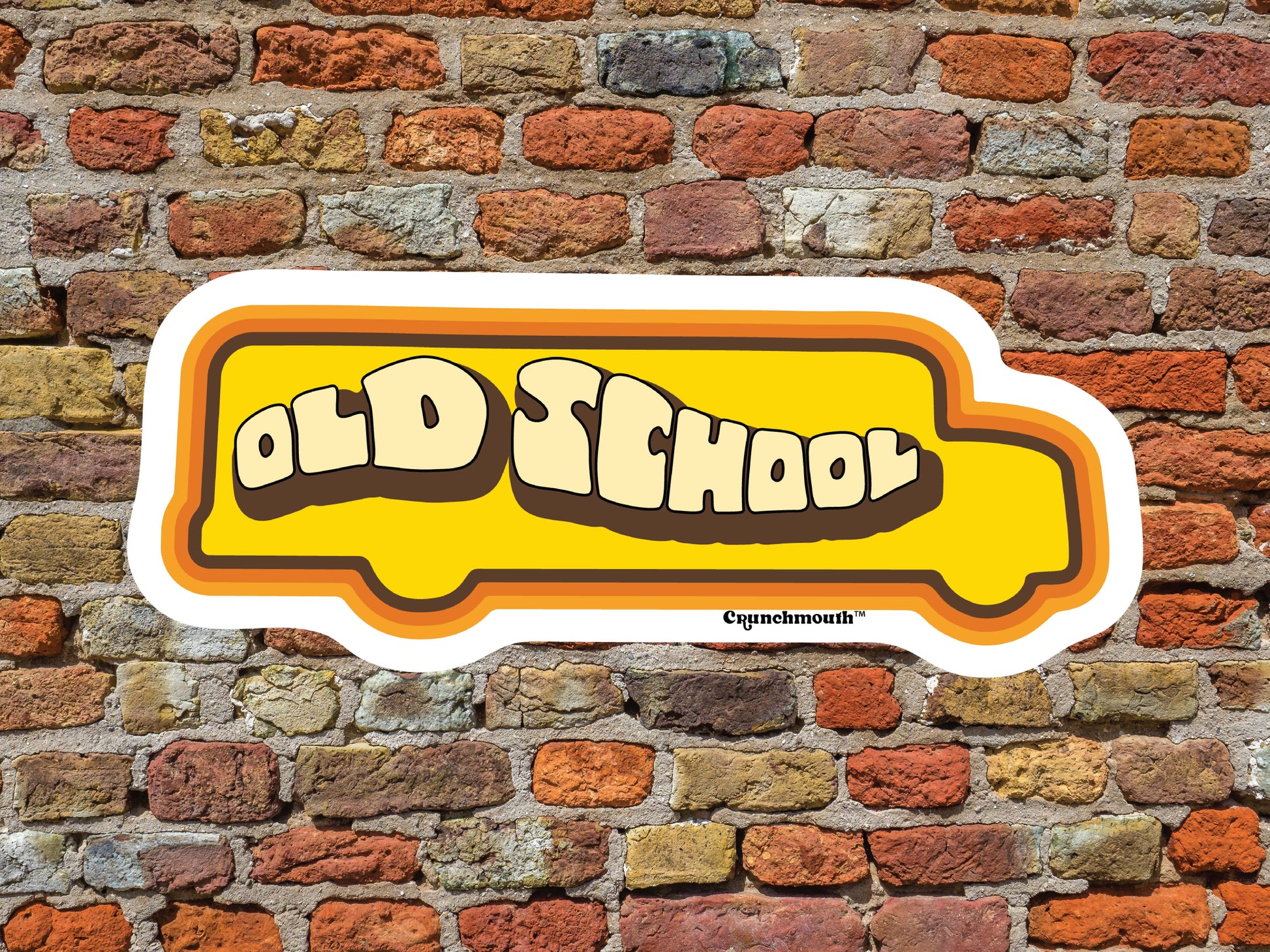 old school waterproof vinyl laptop sticker, red brick wall background