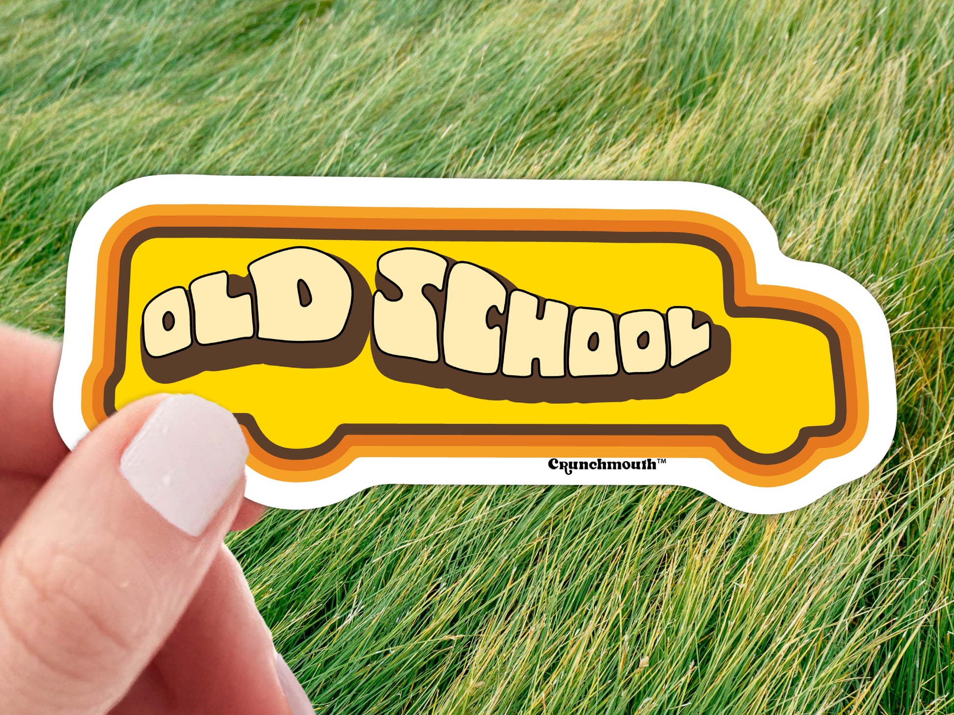 old school waterproof vinyl laptop sticker, held in hand, green grass background