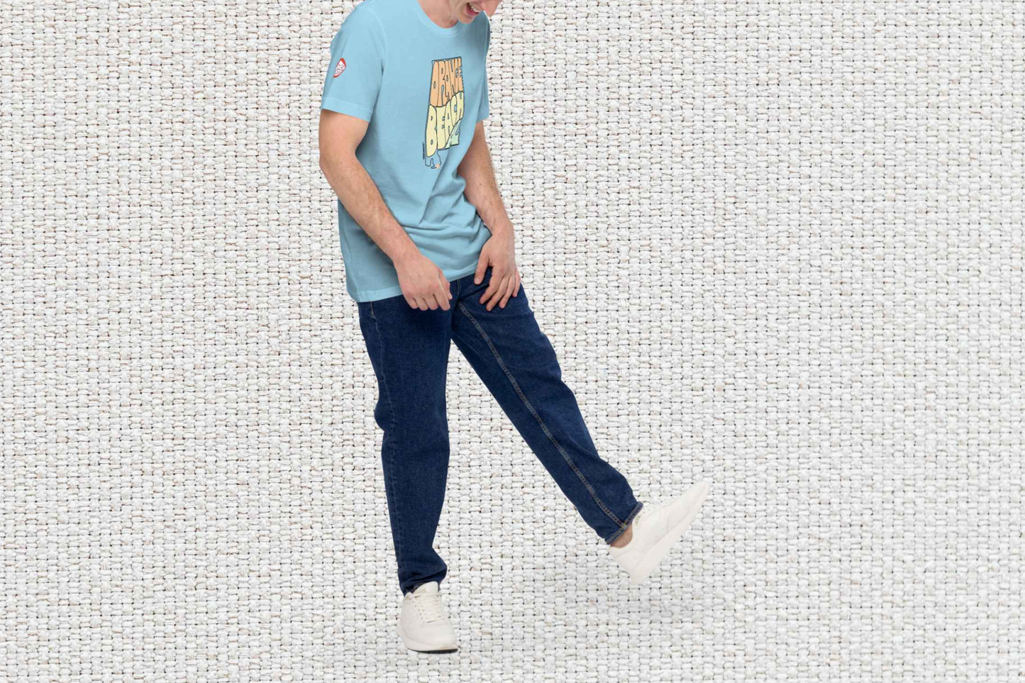 orange beach shirt, male model, front right side, white textured background