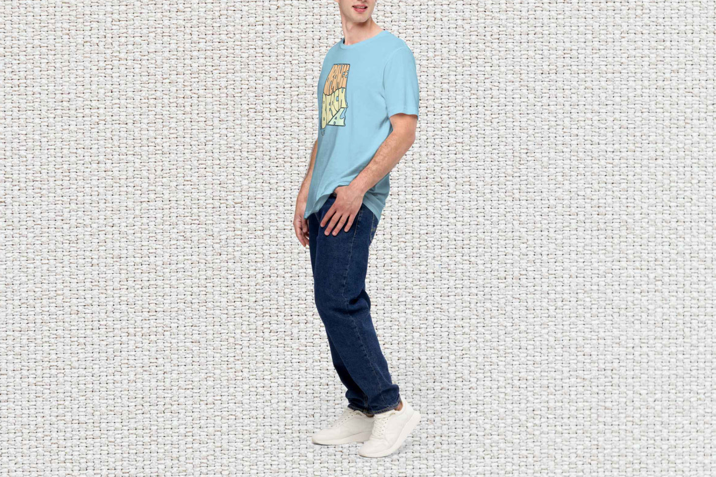 orange beach shirt, male model, front left side, white textured background