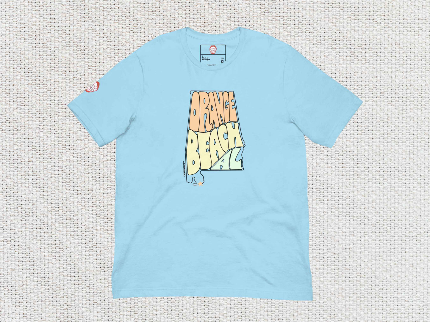 orange beach shirt, flat, front, white textured background
