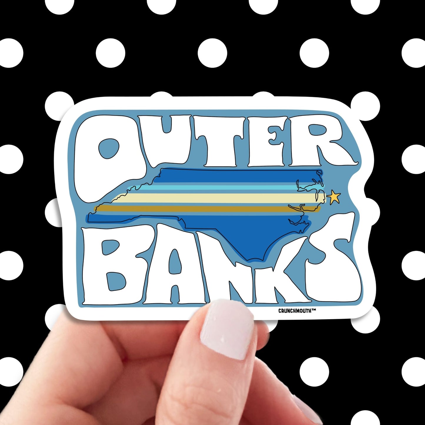 outer banks travel luggage sticker, hand display, polka dots pattern design background