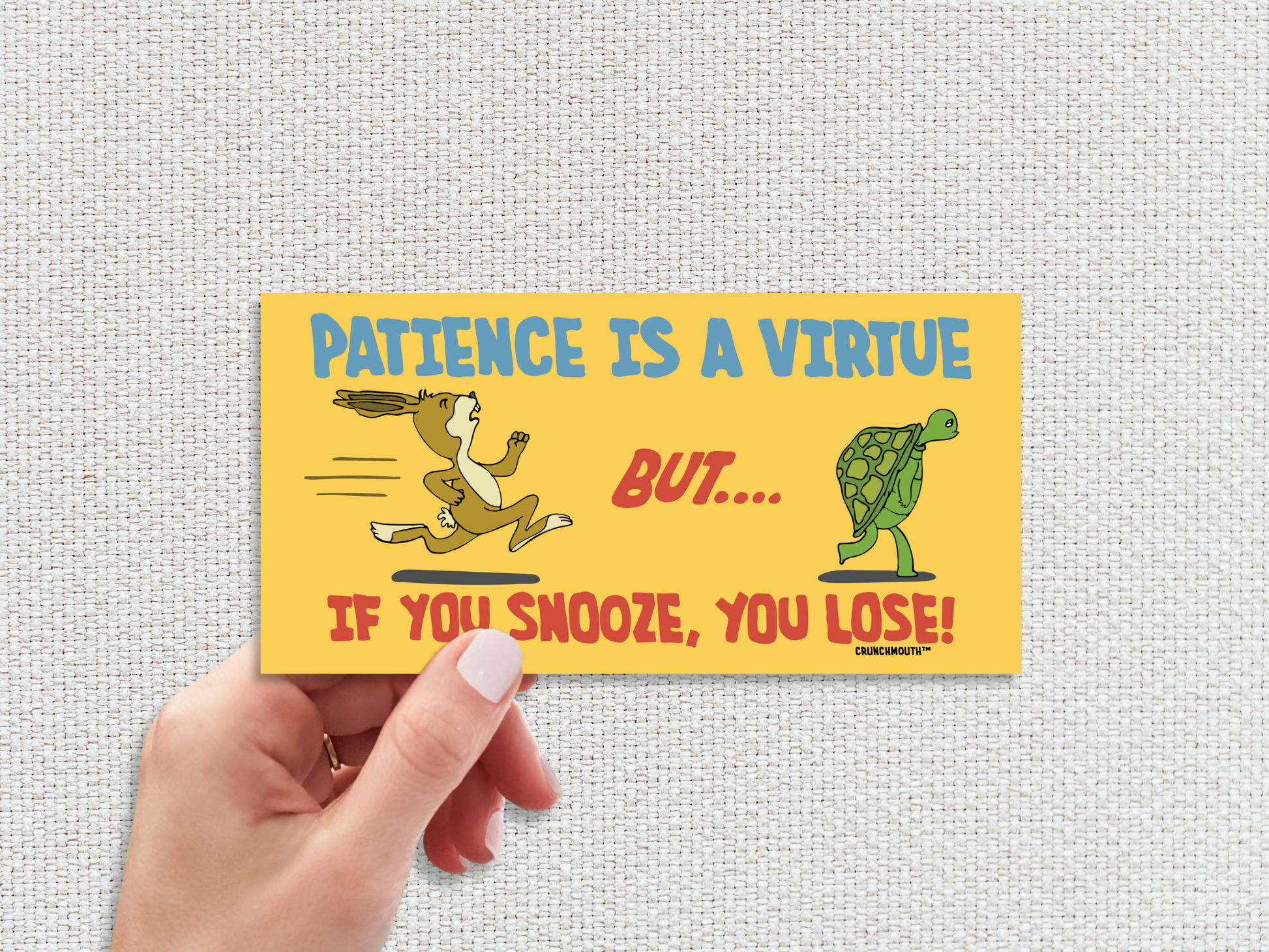 the tortoise and the hare bumper sticker, patience is a virtue but if you snooze you lose, funny bumper stickers, hand display, white textured background