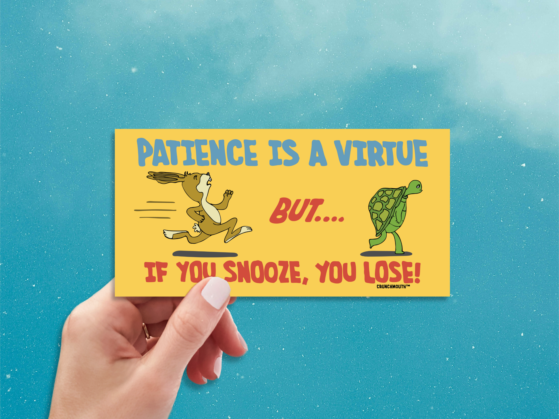the tortoise and the hare bumper sticker, patience is a virtue but if you snooze you lose, funny bumper stickers, hand display, blue sky background