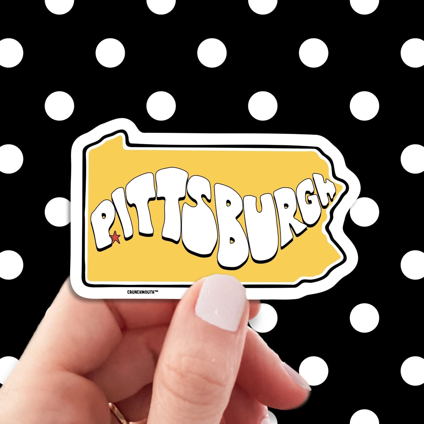 pittsburgh travel luggage sticker, hand display, polka dots pattern design background