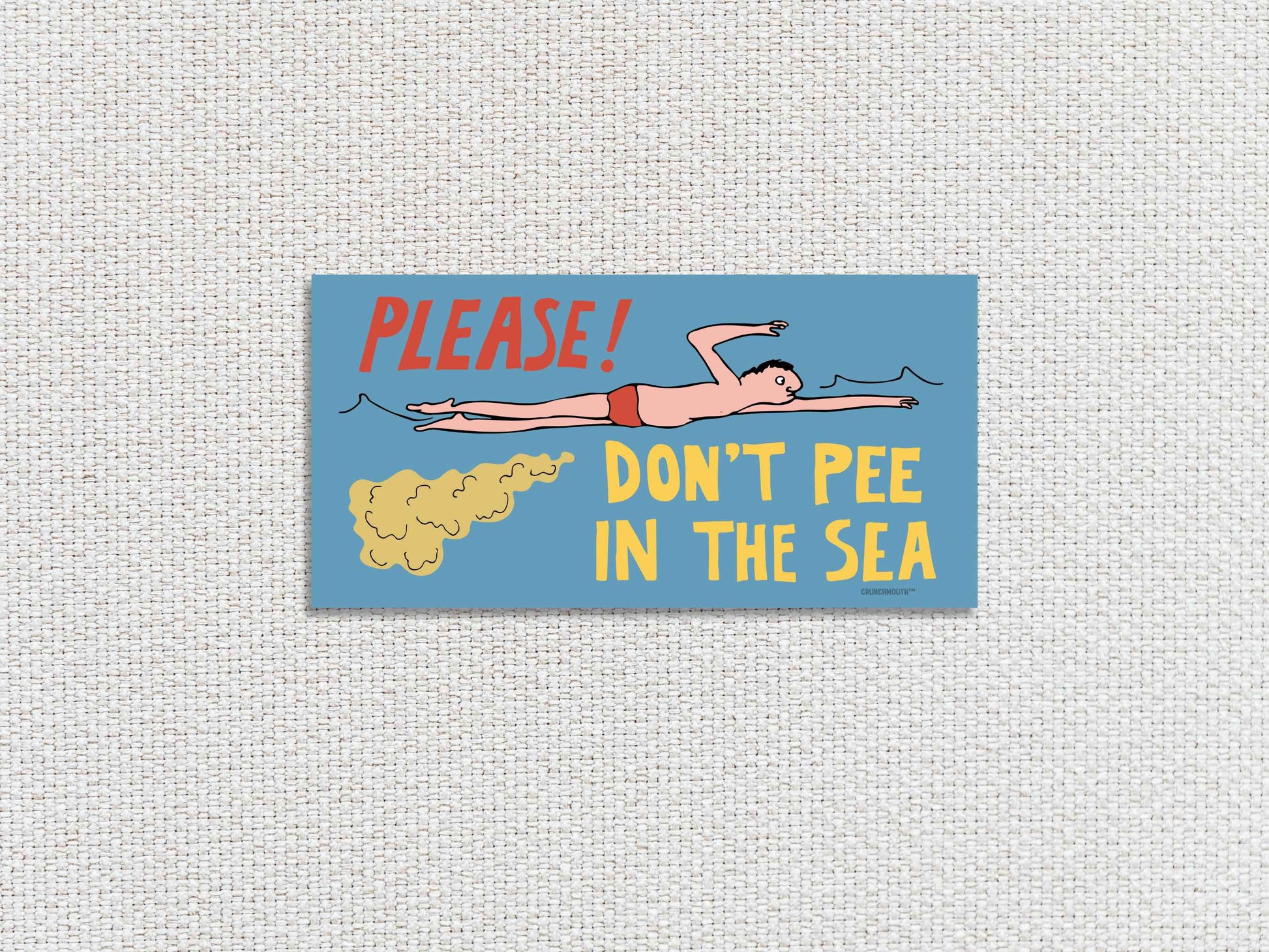 please don't pee in the sea funny bumper sticker, white textured background