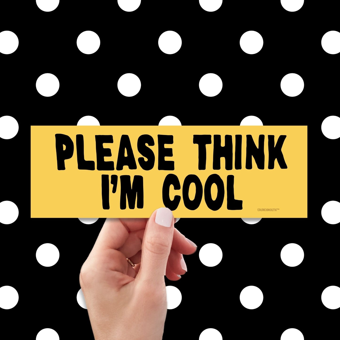please think i'm cool bumper sticker, hand display, polka dots pattern design background