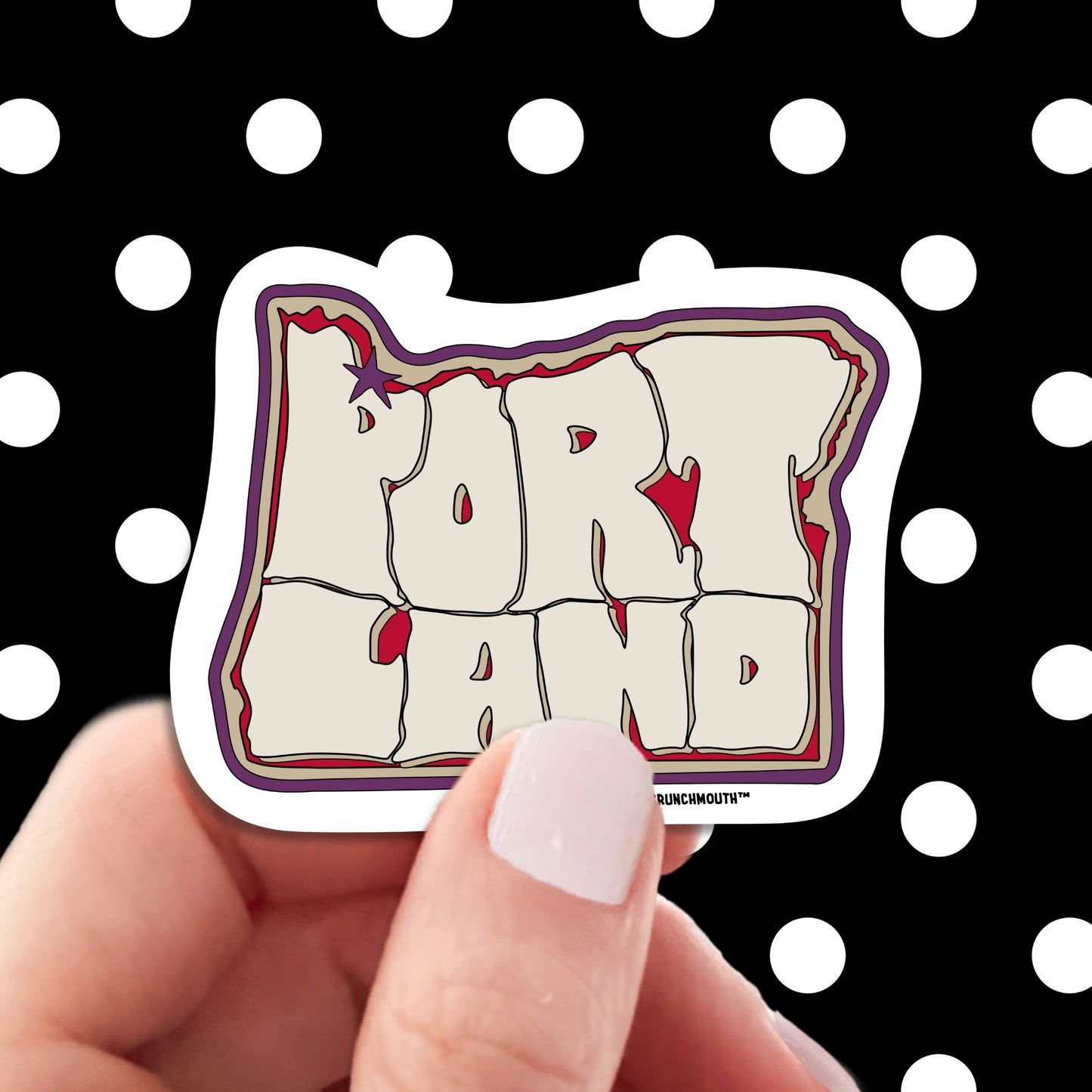 Portland Oregon travel luggage sticker, hand display, polka dots pattern design background
