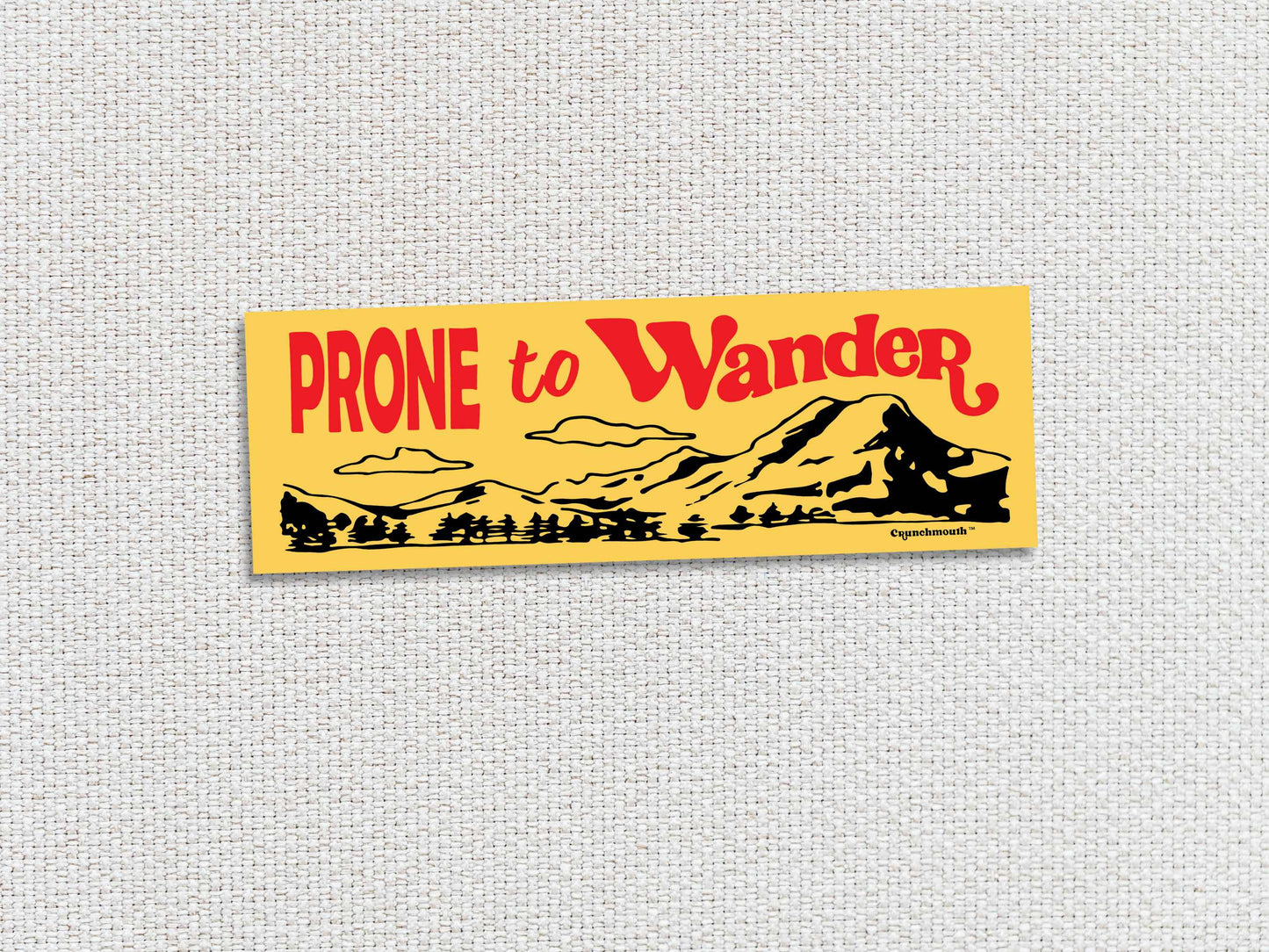 prone to wander bumper sticker, yellow, white textured background