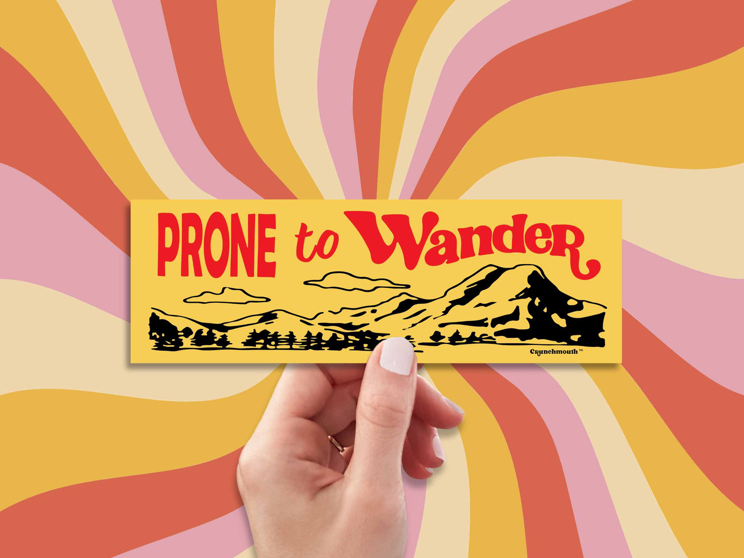 prone to wander bumper sticker, hand display, swirl pattern background