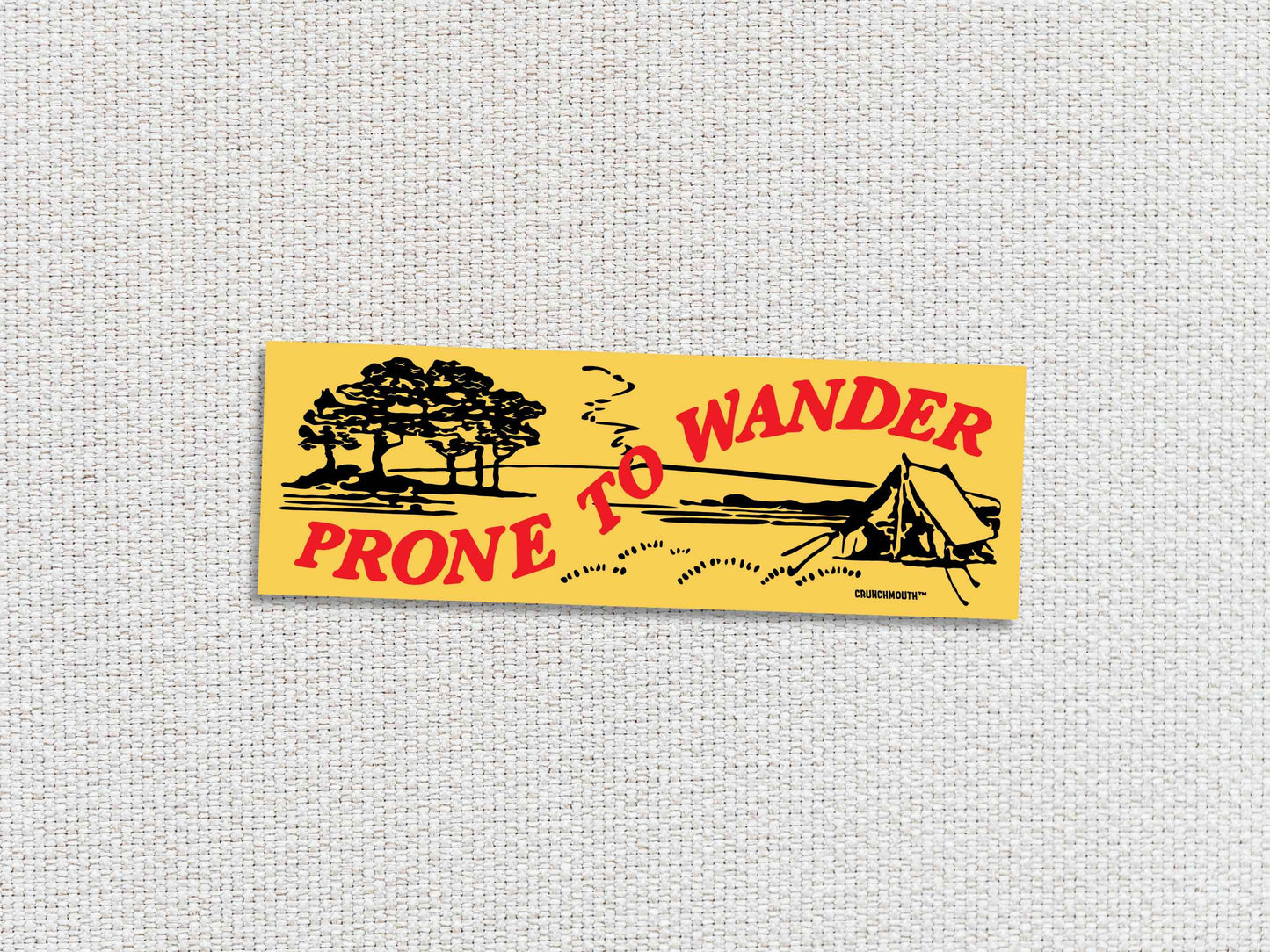 prone to wander camping bumper sticker, white textured background