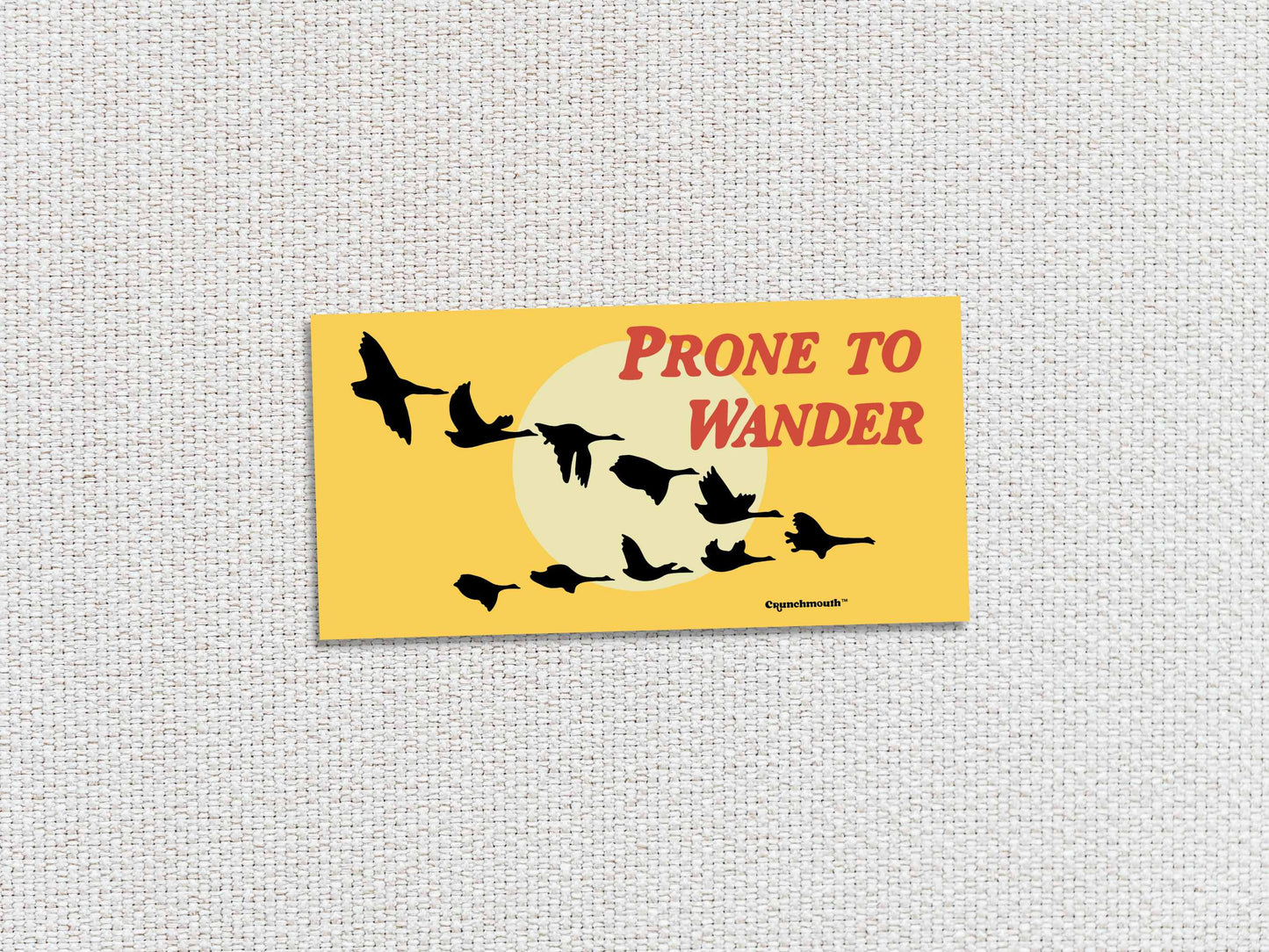 prone to wander bumper sticker, white textured background