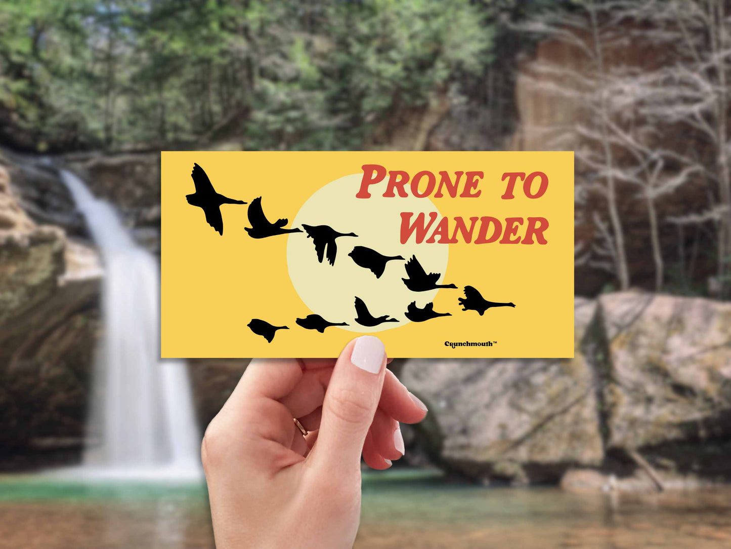 prone to wander bumper sticker, wild geese in the west, hand display, waterfall background