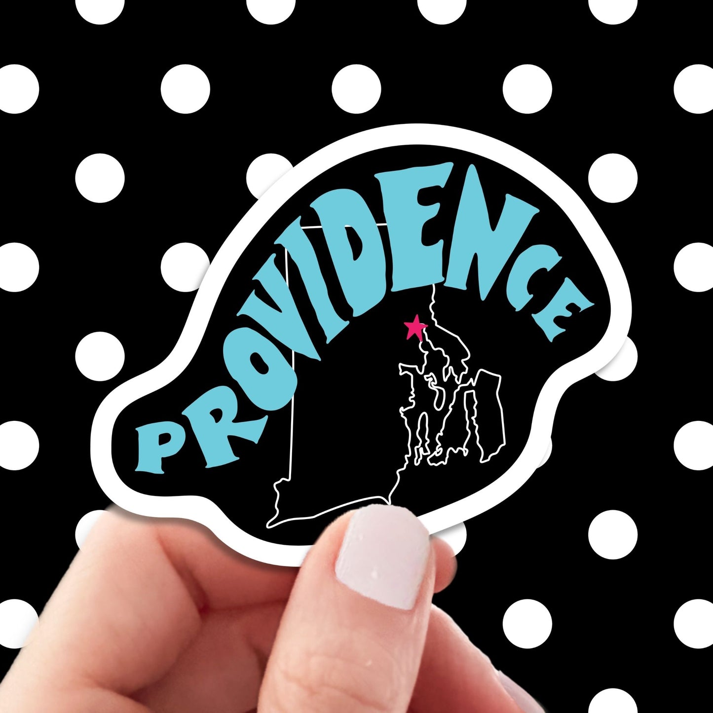 providence travel luggage sticker, hand display, polka dots pattern design background
