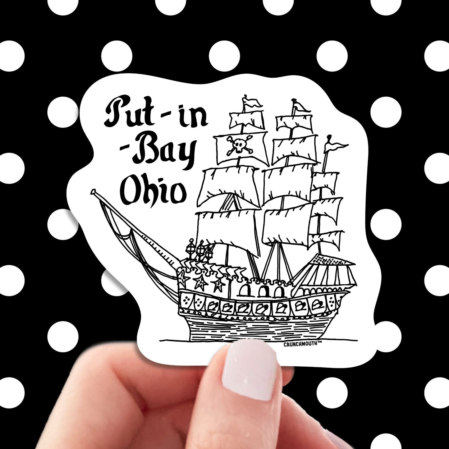 put-in-bay pirate ship travel luggage sticker, hand display, polka dots pattern design background