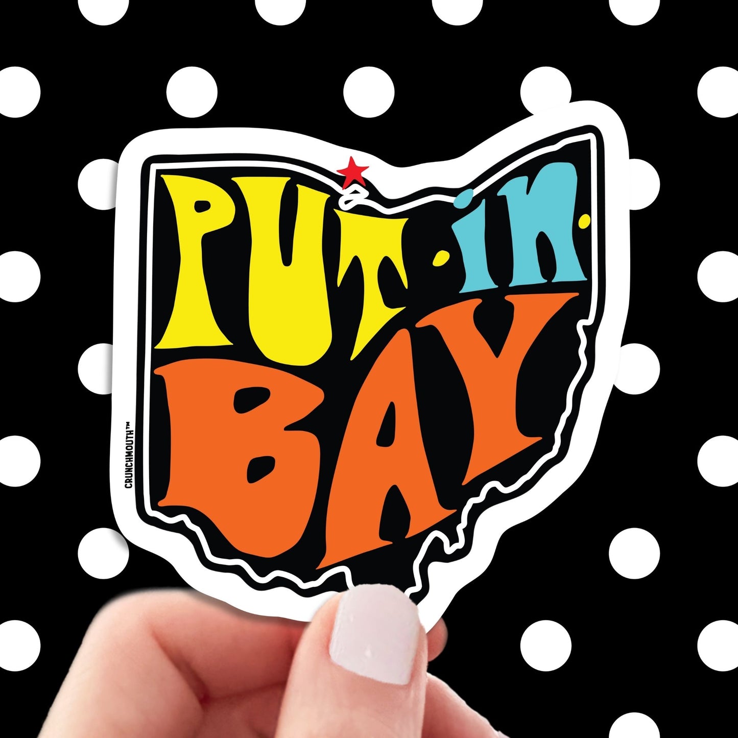 put-in-bay travel luggage sticker, hand display, polka dots pattern design background