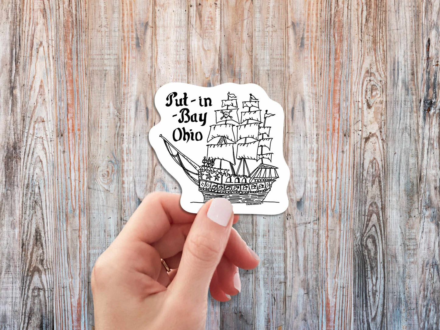 put-in-bay pirate ship travel luggage sticker, hand display, wood panel background