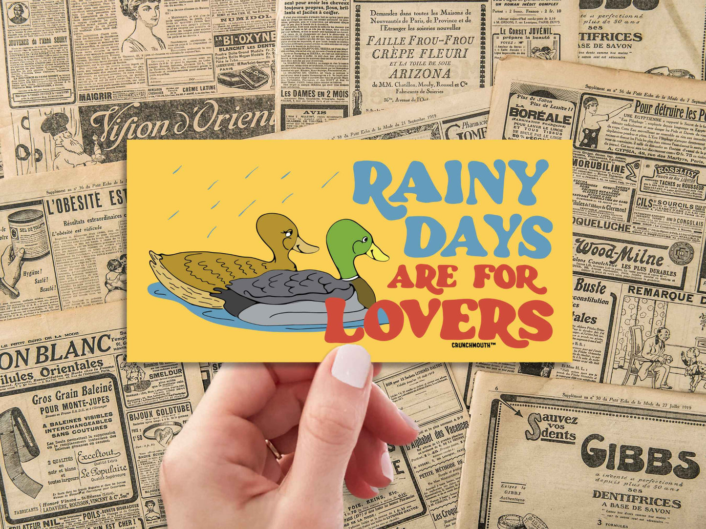 rainy days are for lovers mallard duck bumper sticker, hand display, vintage newspaper advertisements background
