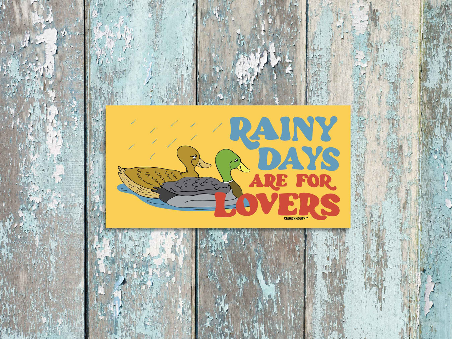 rainy days are for lovers mallard duck bumper sticker, weathered wood panels background