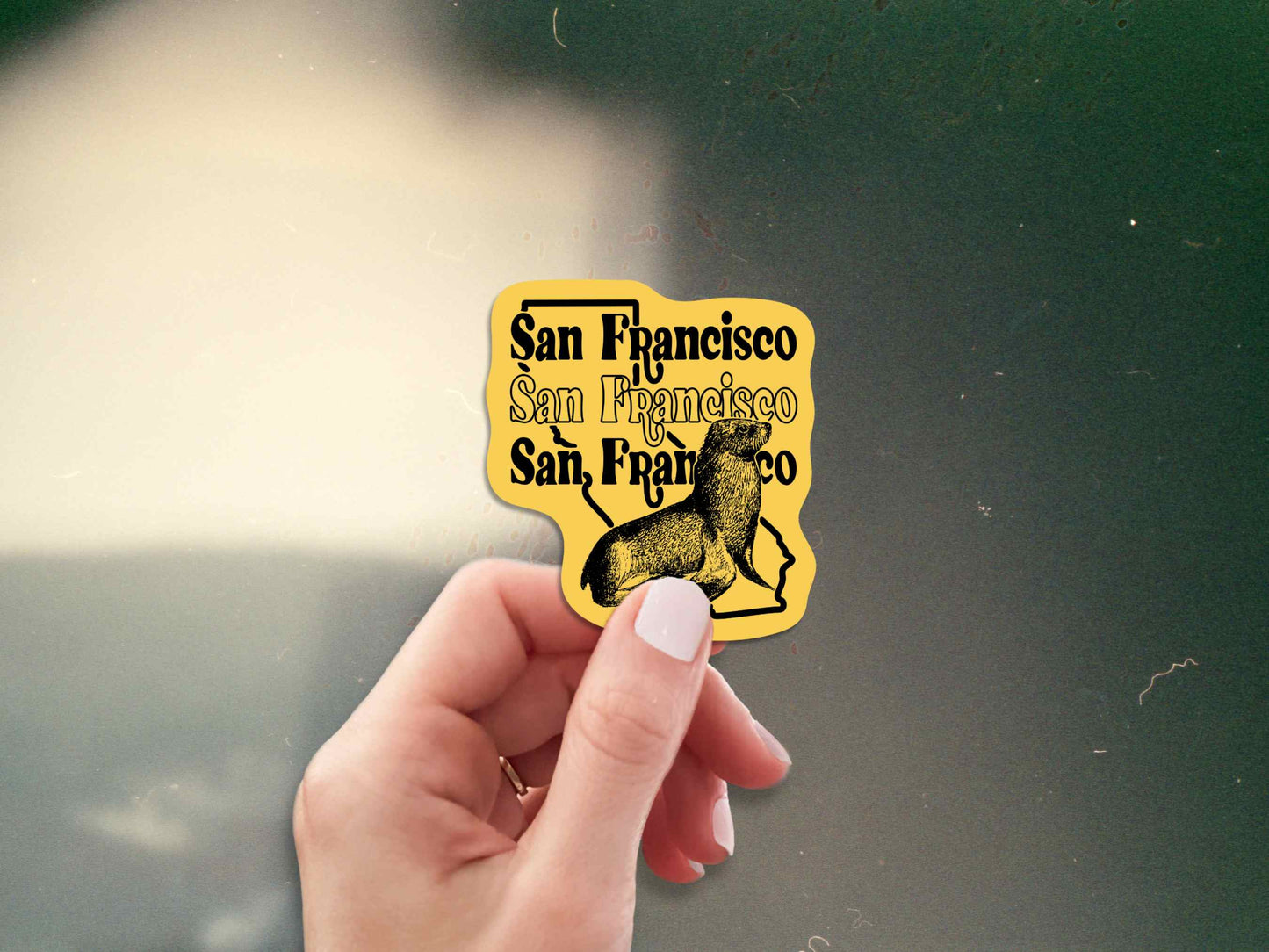 san francisco travel luggage sticker, hand display, grainy film texture background