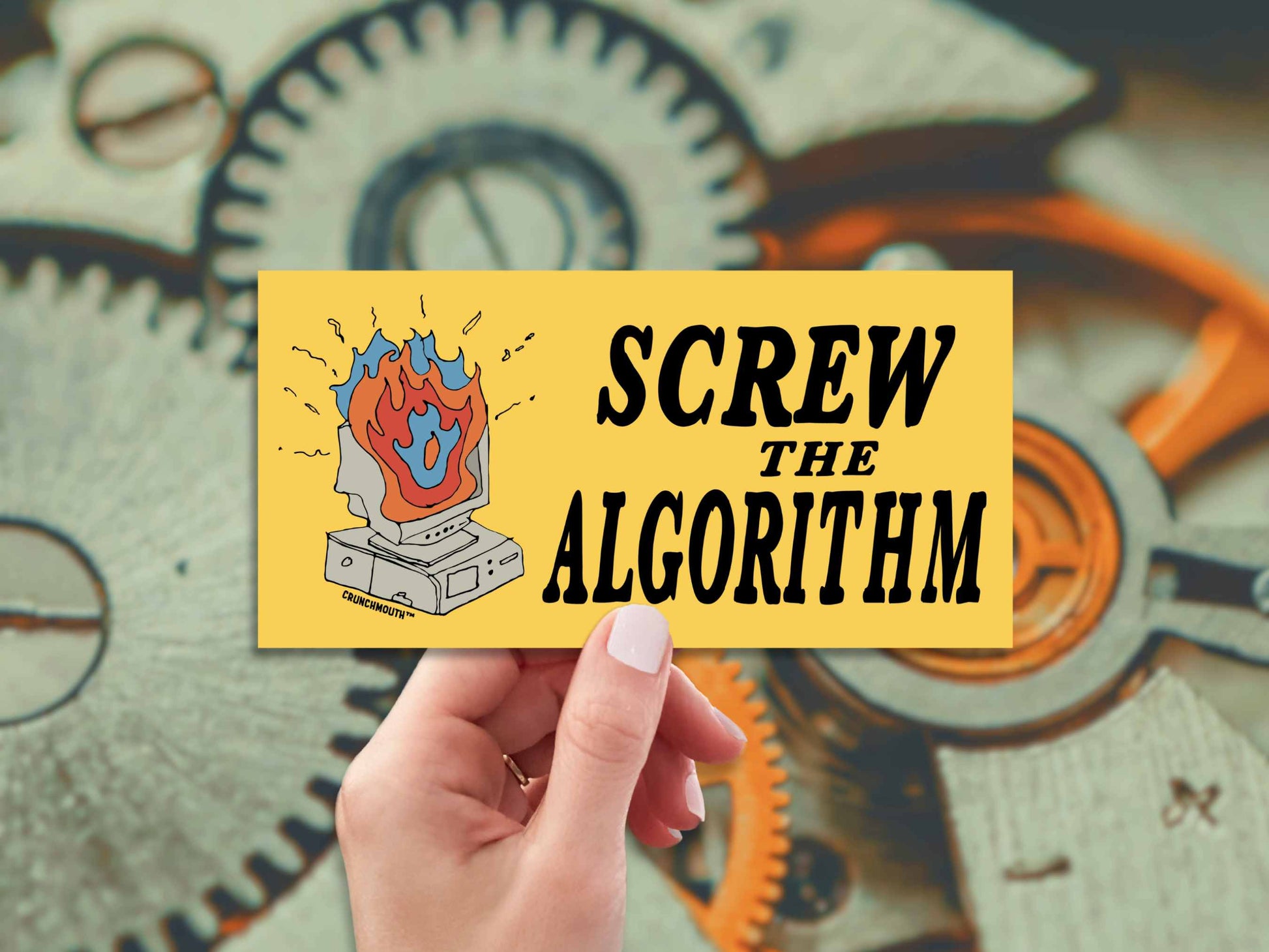 screw the algorithm bumper sticker, hand display, gears background