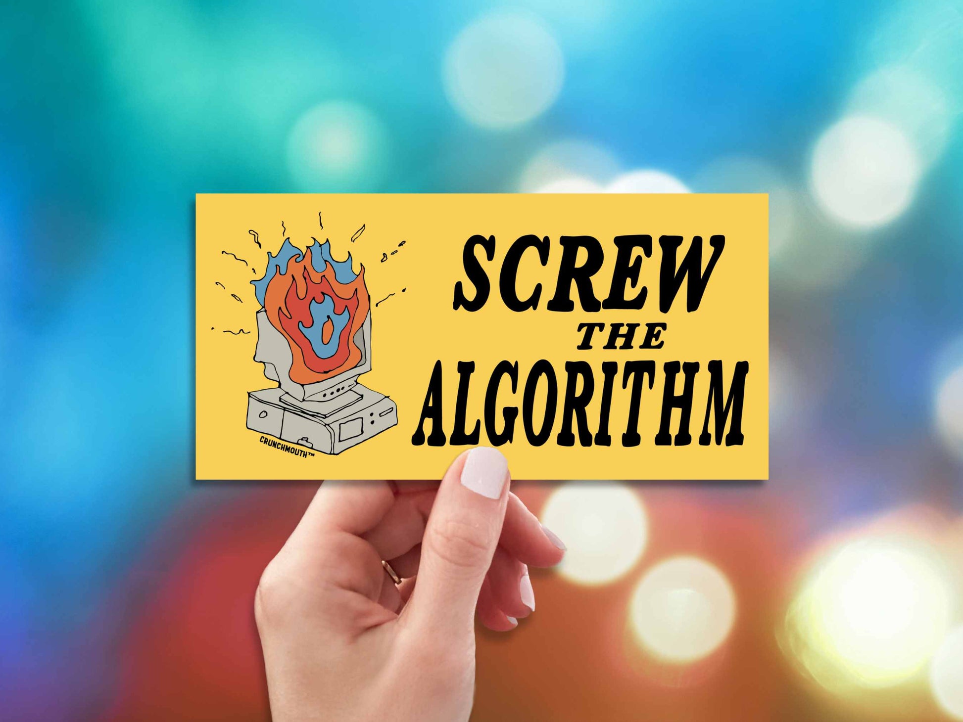 screw the algorithm bumper sticker, hand display, colorful lights background