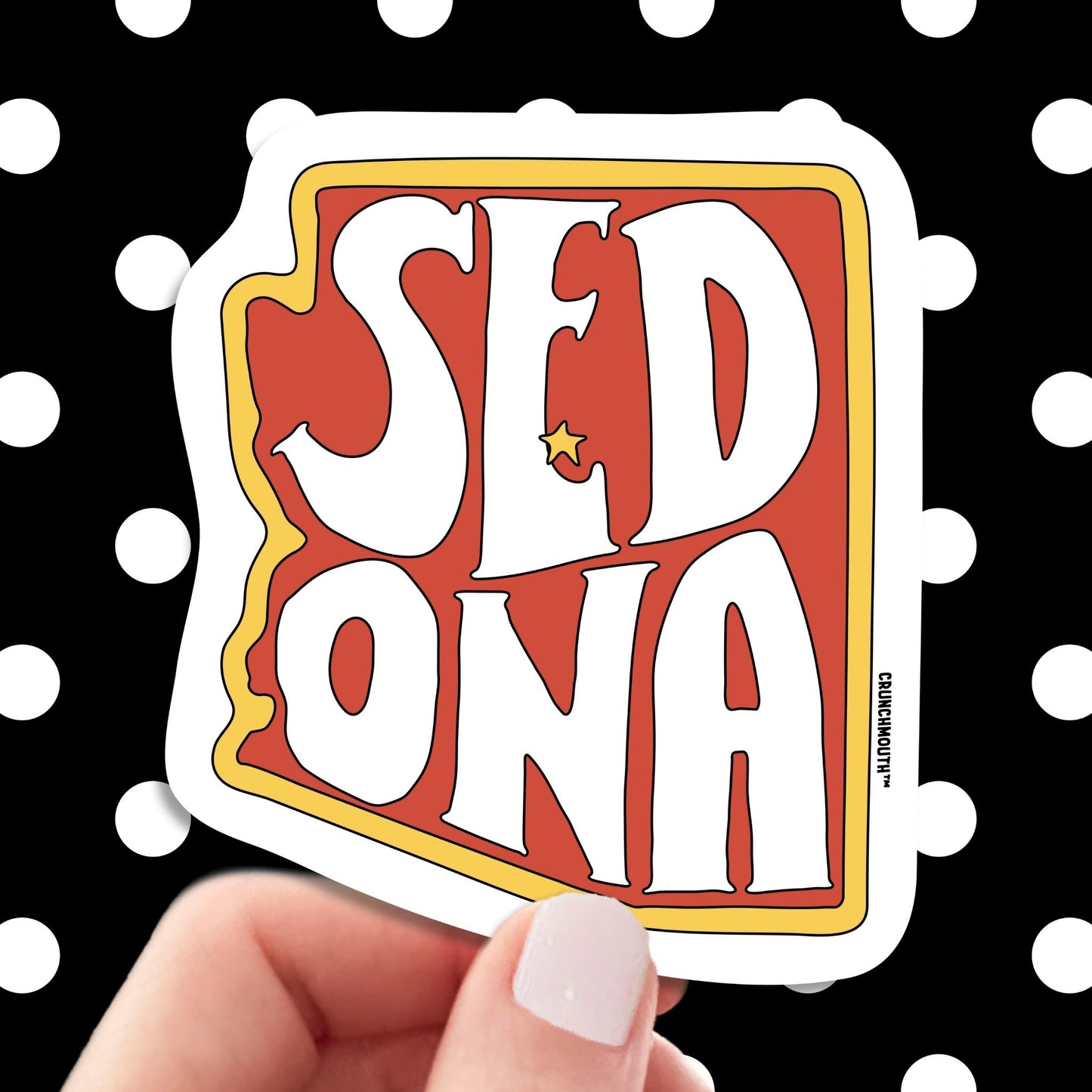 sedona travel luggage sticker, hand display, polka dots pattern design background