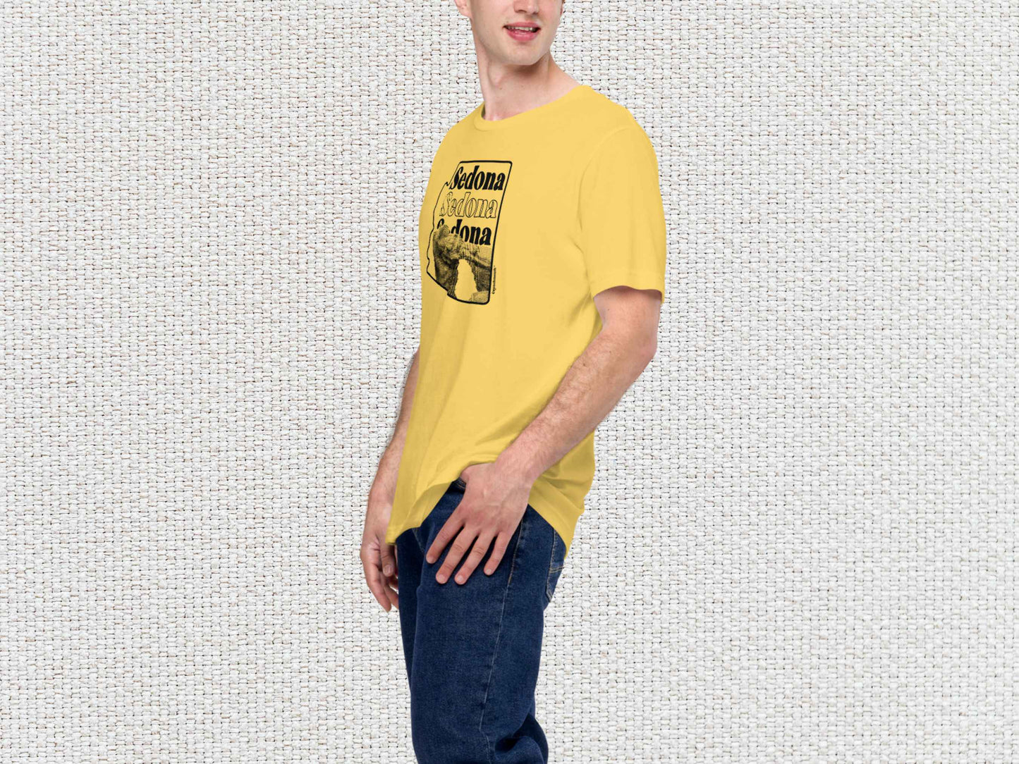 sedona shirt, souvenir t shirts, male model, front left, white textured background