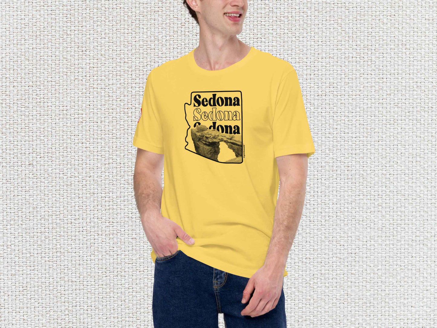 sedona shirt, souvenir t shirts, male model, front, white textured background