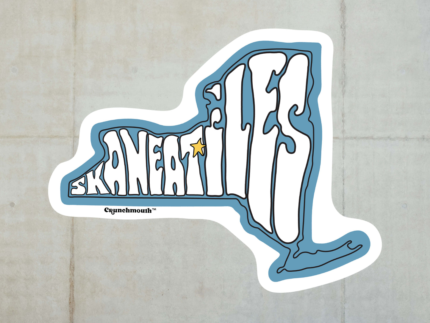 skaneateles vinyl sticker, white tile wall background
