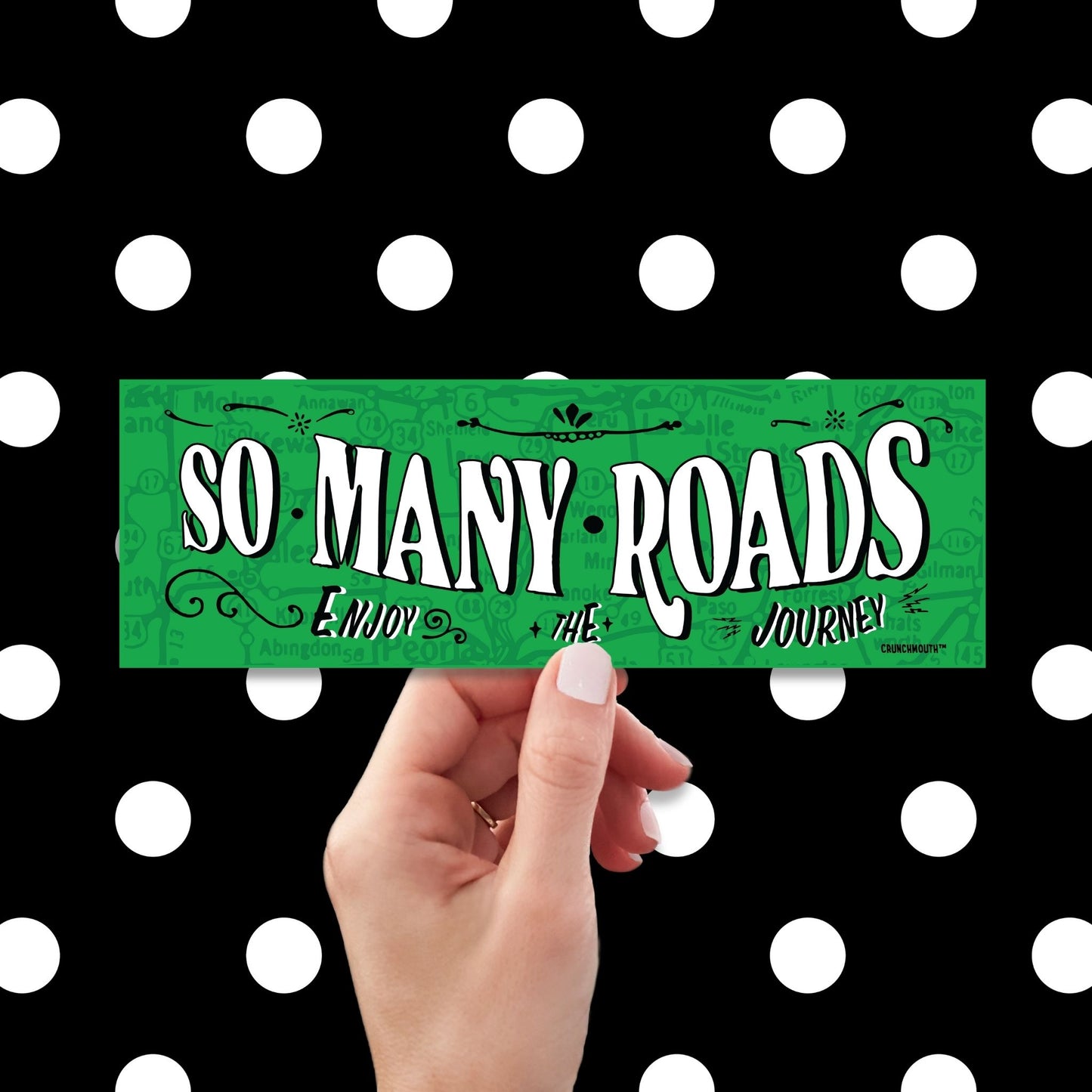 so many roads bumper sticker, hand display, polka dots pattern design background