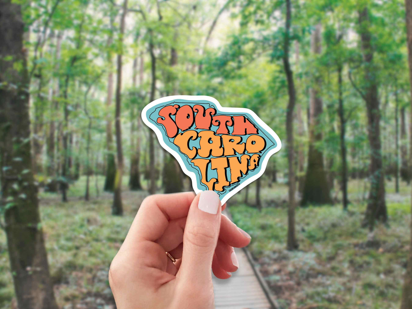 south carolina state travel luggage sticker, hand display, forest background
