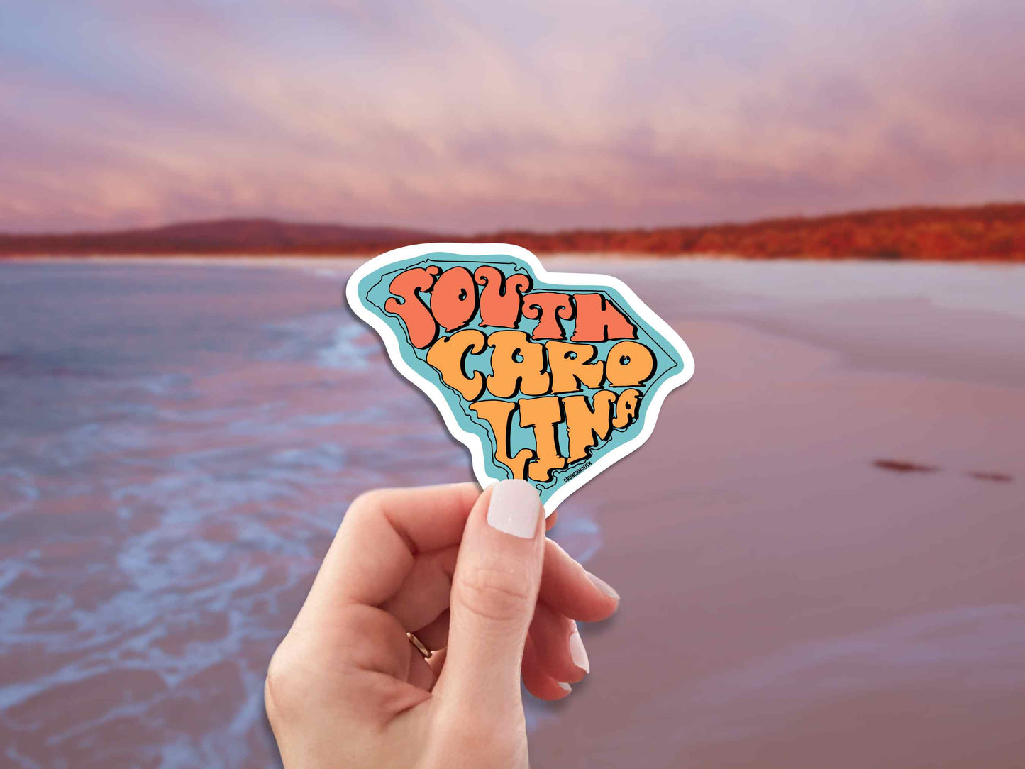 south carolina state travel luggage sticker, hand display, beach background