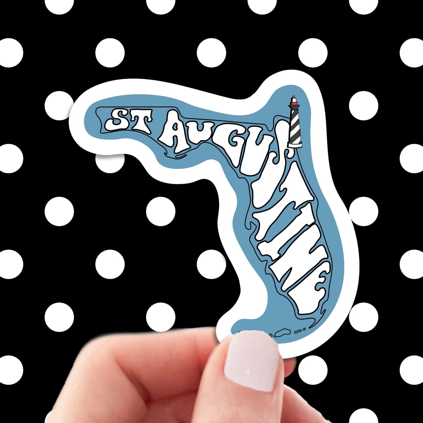 st augustine travel luggage sticker, hand display, polka dots pattern design background