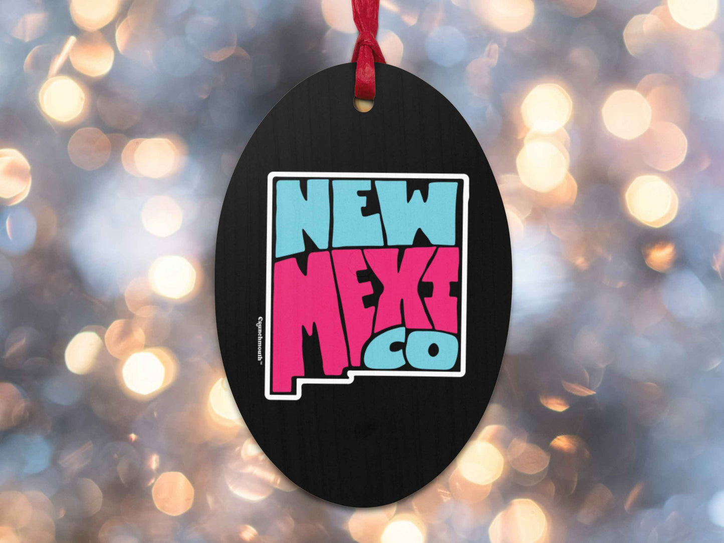 new mexico Christmas ornament, back, Christmas lights background