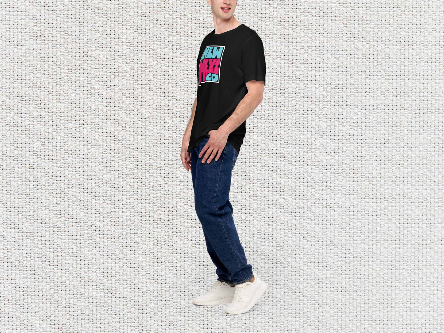 new mexico shirt, souvenir t shirts, male model, front left, white textured background