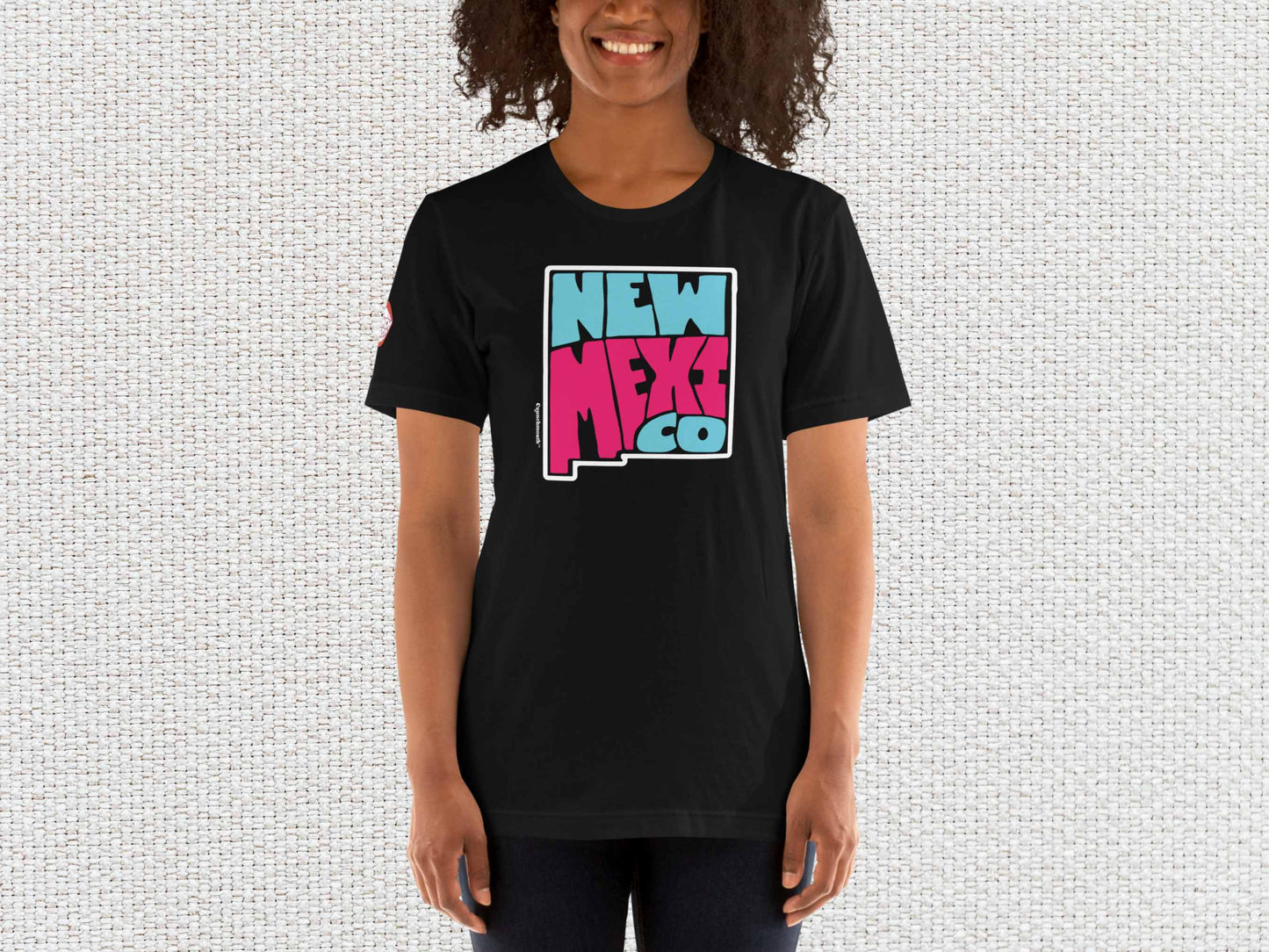 new mexico shirt, souvenir t shirts, female model, front, white textured background